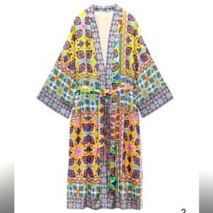 NWT Zara colourful Printed Lined Kimono Cover Up With Belt Women Size S US